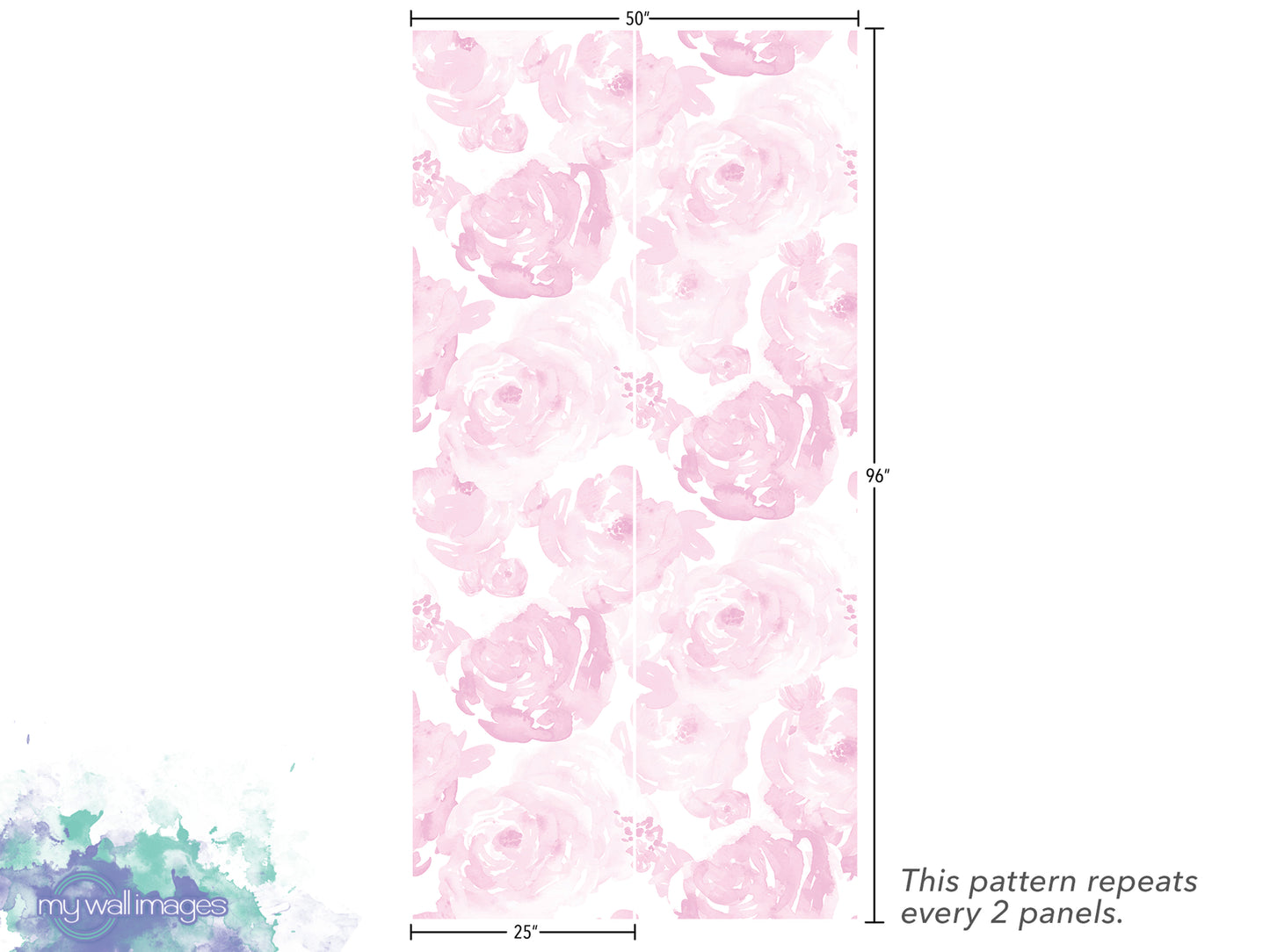 a repeating pattern of pink flowers on a vertical panel. The pattern repeats every 2 panels, as indicated by the text.