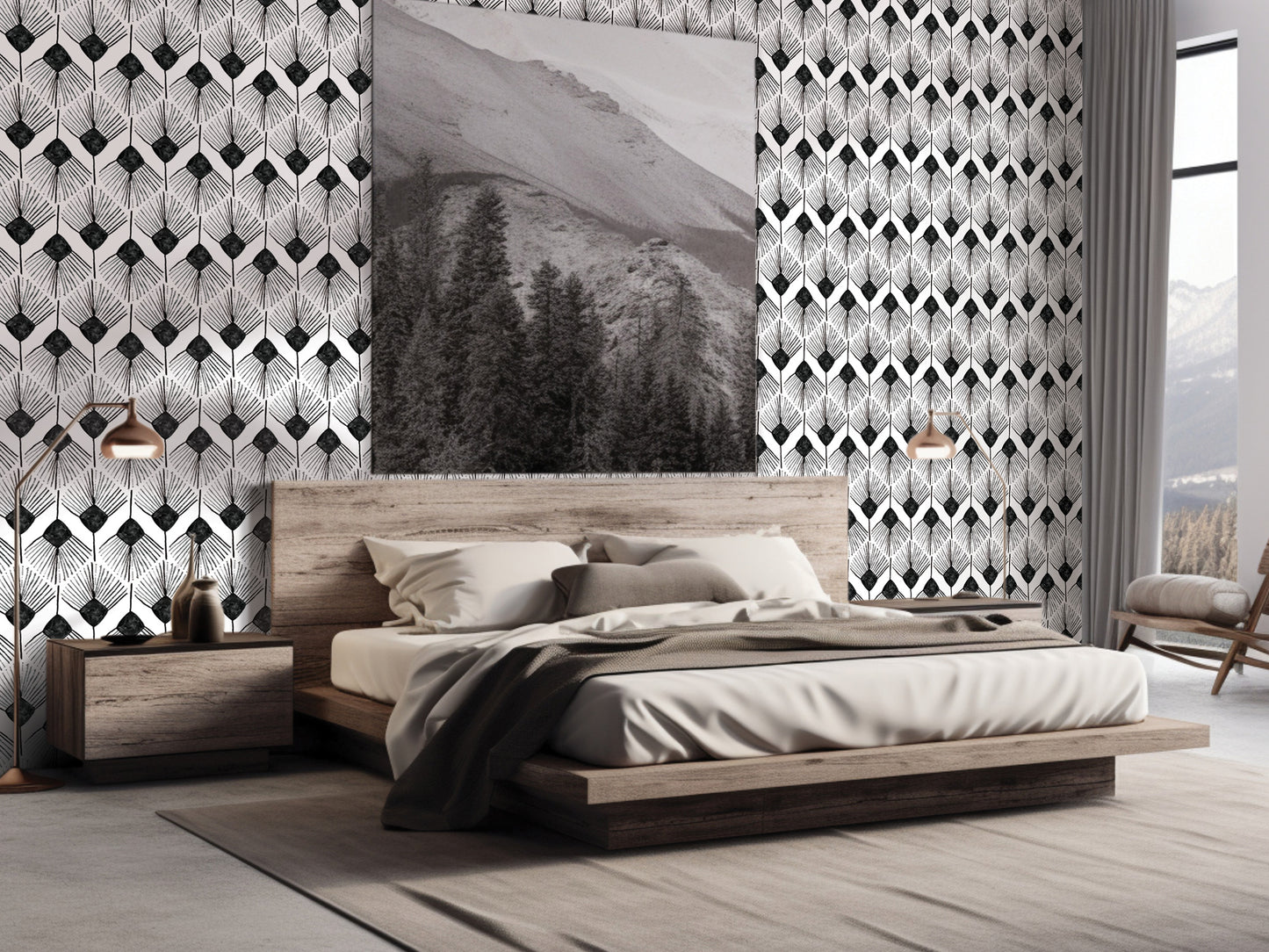 a modern bedroom with a large wooden bed, a wooden nightstand, and a large wall hanging featuring a mountain landscape.