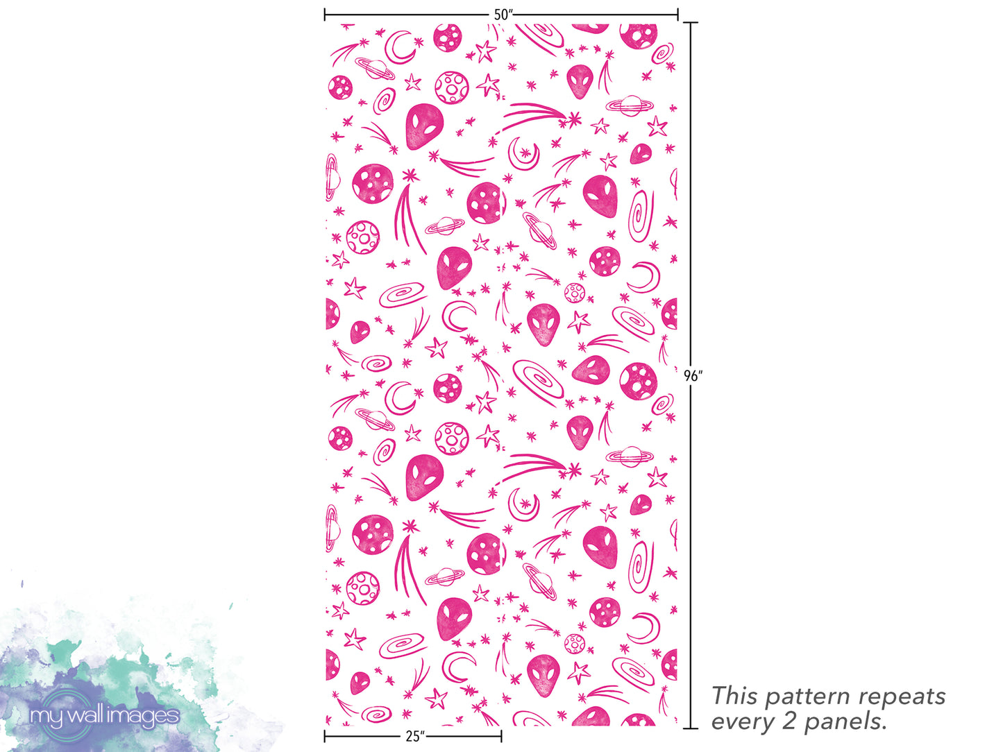 The image is a repeating pattern of various space-themed elements, including planets, stars, and alien figures, arranged in a visually appealing and dynamic manner. The pattern repeats every 2 panels, as indicated by the text.