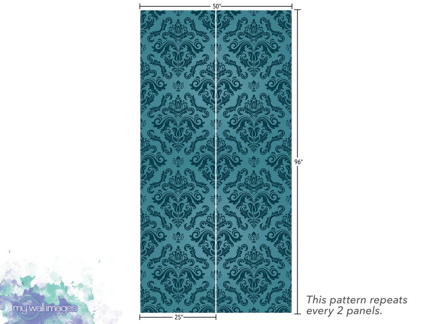 a repeating pattern of a teal-colored floral design on a vertical panel. The pattern repeats every 2 panels, as indicated by the text.