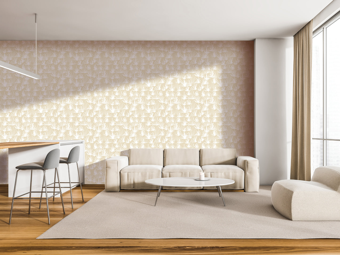 a modern living room with a beige sofa, a round coffee table, and a barstool set up. The room has a neutral color scheme and features a large window, a rug, and a wooden floor.