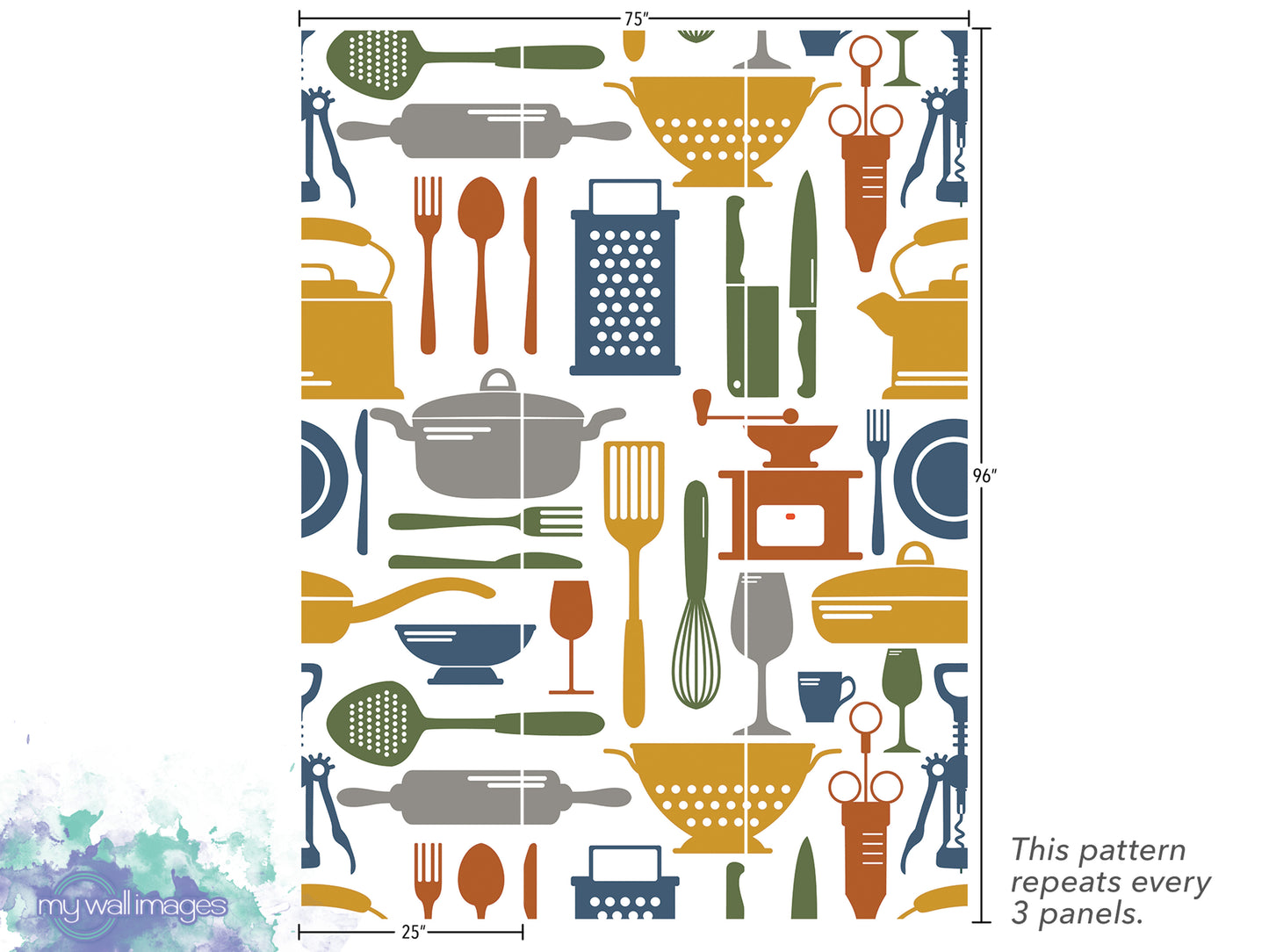 The image is a repeating pattern of various kitchen utensils and appliances, including knives, spoons, bowls, cups, and other items commonly found in a kitchen. The pattern repeats every 3 panels, and the image is described as a collage of multiple images.