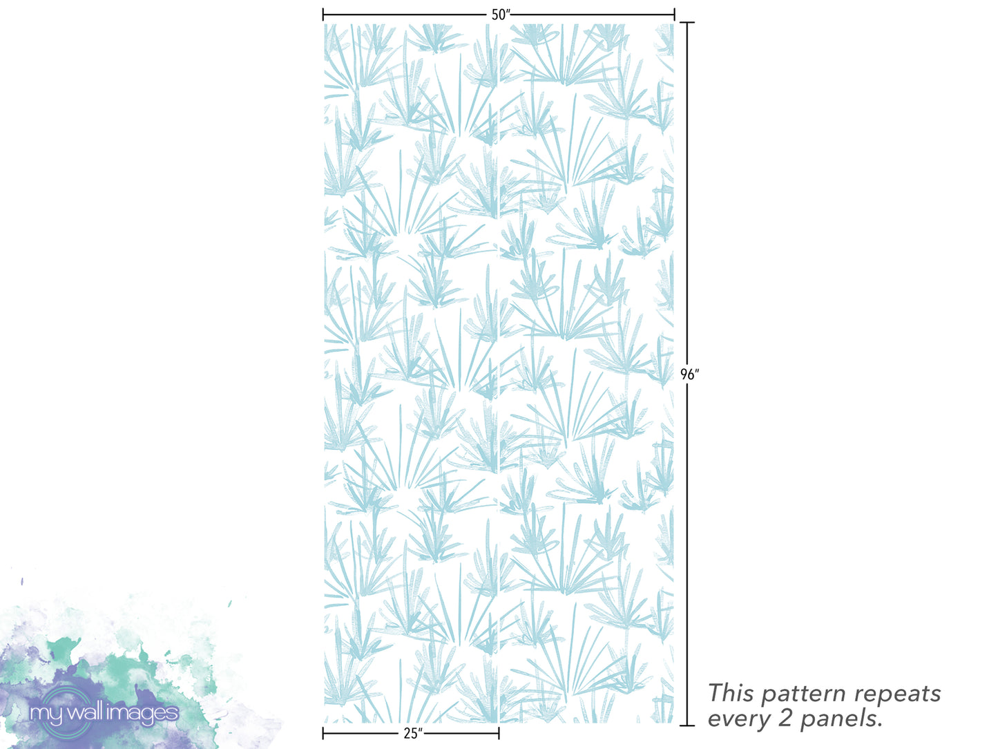 a repeating pattern of blue and white palm leaves or similar plant-like shapes on a vertical surface. The pattern repeats every 2 panels, and the image is described as a "collage of multiple images" and "25' x 50'".