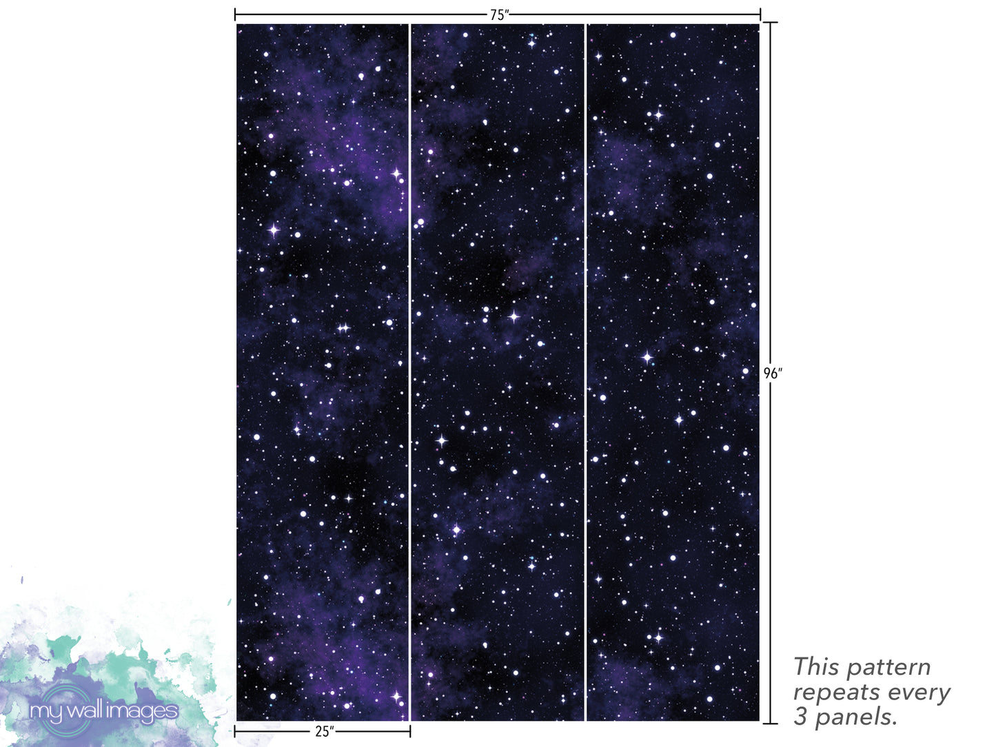 The image is a 3D model of a starry night sky, with a repeating pattern of stars across multiple panels. The pattern repeats every 3 panels, and the image is 25 inches wide.