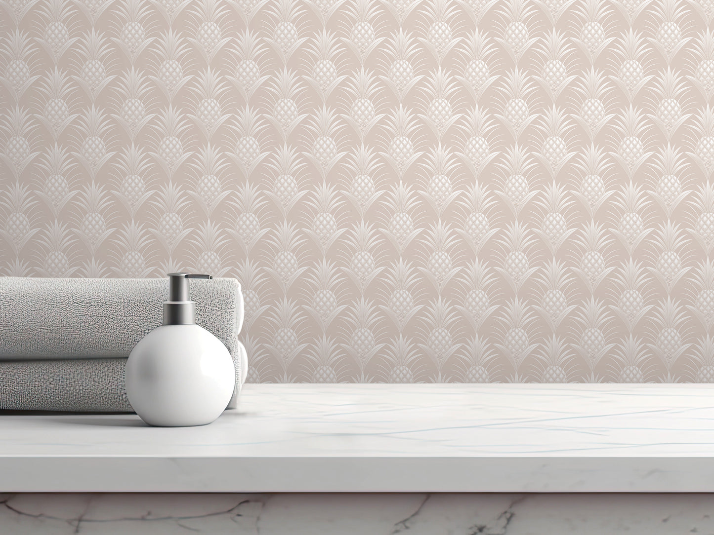 A white pump bottle sits on a white marble countertop, with a folded towel and a white soap dispenser nearby. The background is a wall with a repeating pattern of white pineapples.