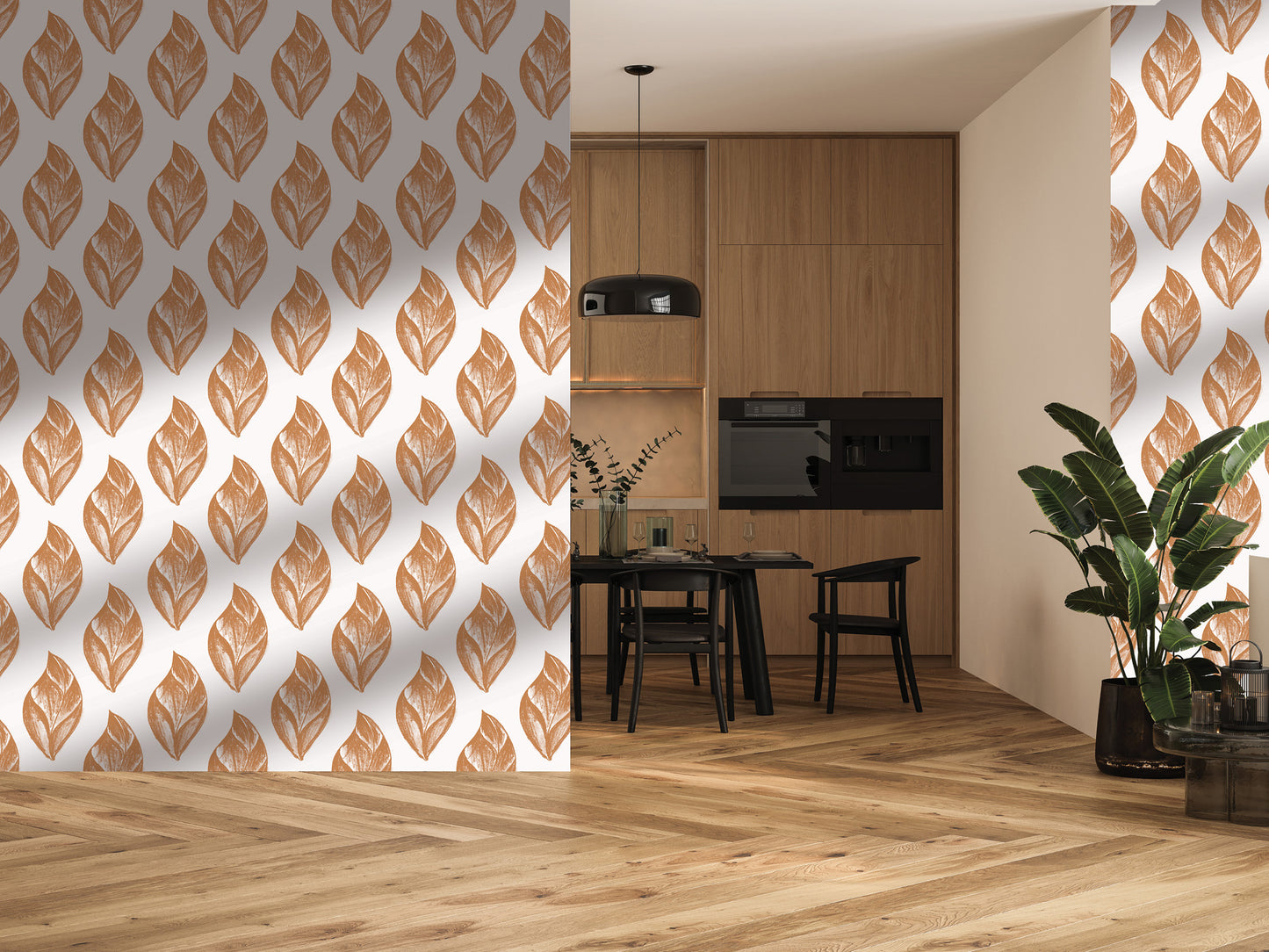 a modern kitchen with a dining area, featuring a wooden floor, a white wall with a repeating leaf pattern, and a black pendant light above the dining table.