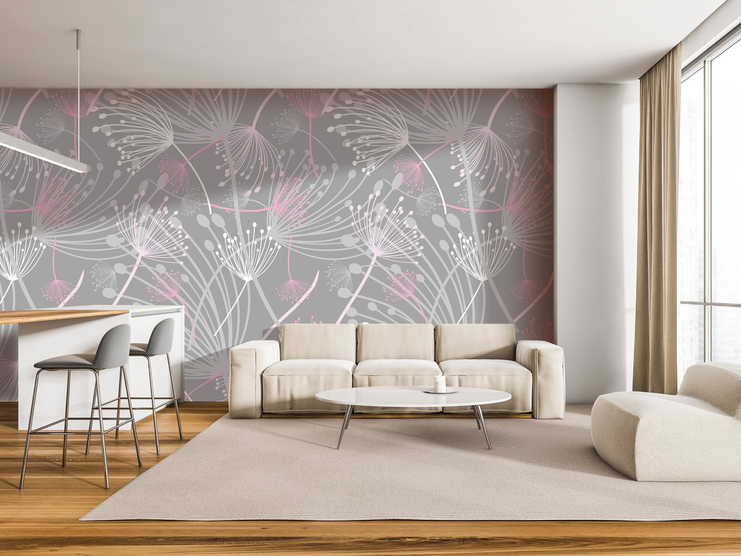 a modern living room with a gray and white floral pattern on the wall behind a white sofa and a round coffee table. The room also includes a bar area with stools and a window with curtains.