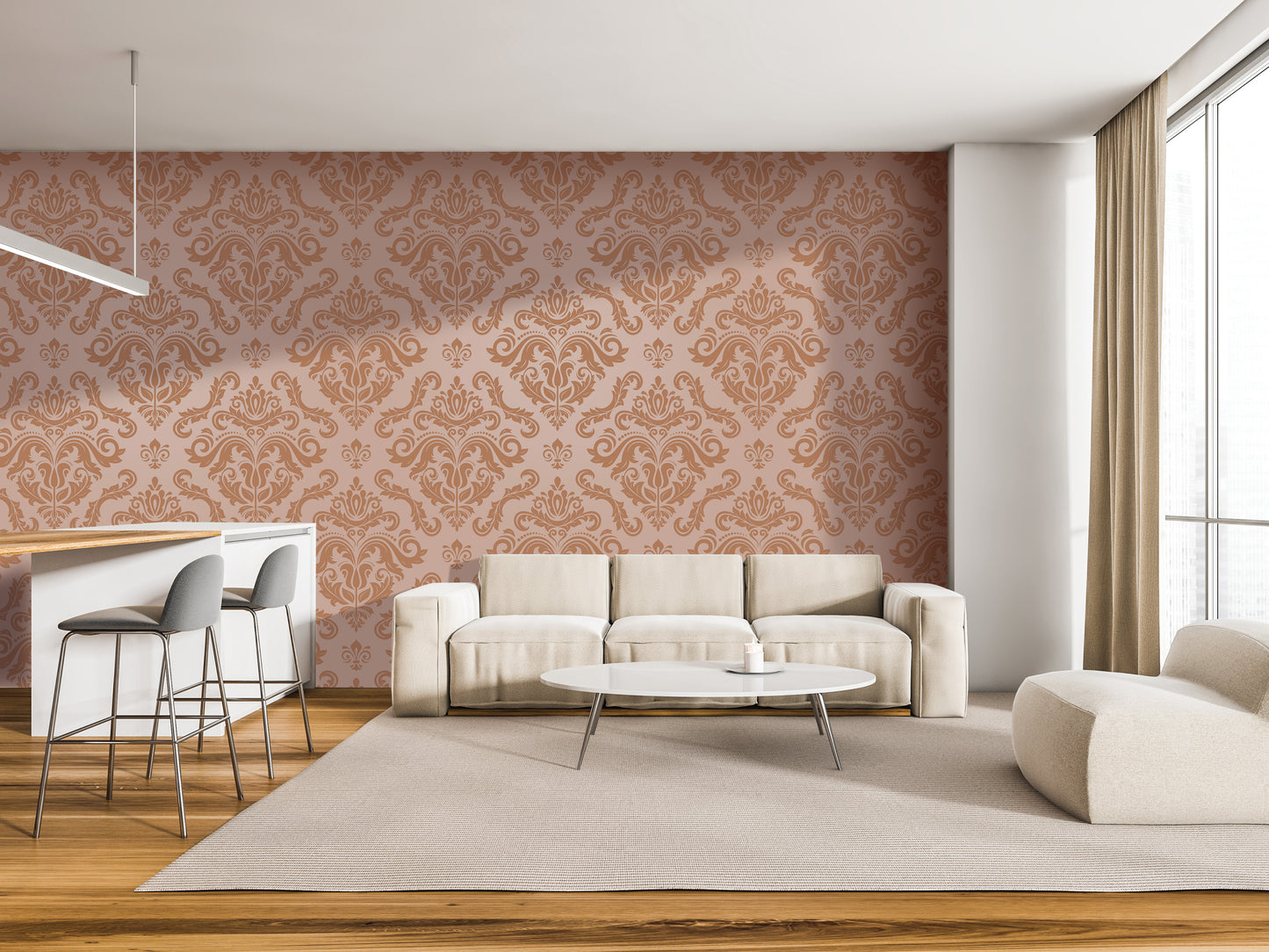 a modern living room with a large, cream-colored sofa, a coffee table, and a barstool set up. The room has a warm, inviting atmosphere with a patterned wallpaper and a large window.