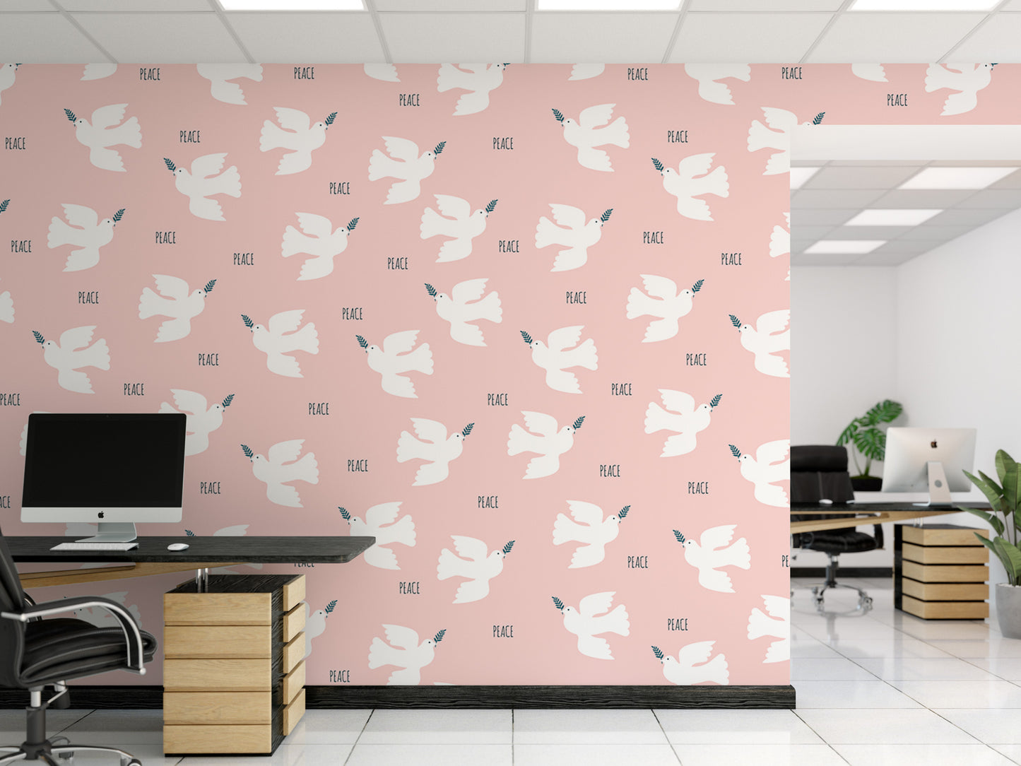 a modern office space with a pink wall adorned with a repeating pattern of white doves. The office is furnished with a desk, chair, and computer equipment, creating a professional and organized atmosphere.