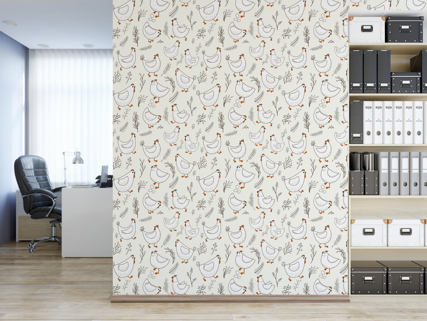 a room with a wall decorated with a repeating pattern of white birds and leaves. The room also contains a desk with a computer, a bookshelf filled with books, and a window.