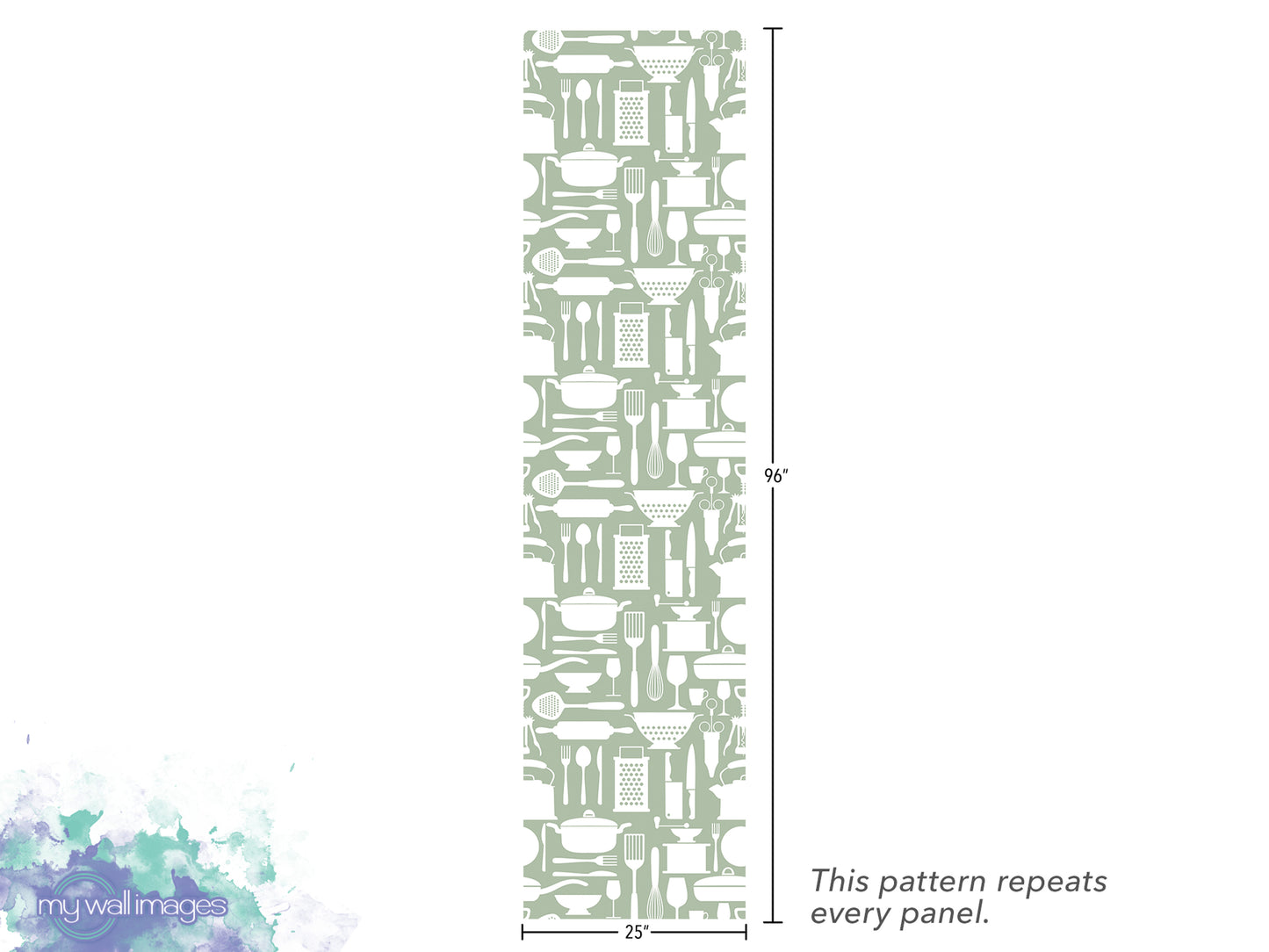 The image is a repeating pattern of kitchen utensils and appliances, such as spoons, knives, bowls, and other kitchen items, arranged in a vertical column. The pattern repeats every panel, and the image is approximately 25 inches tall.