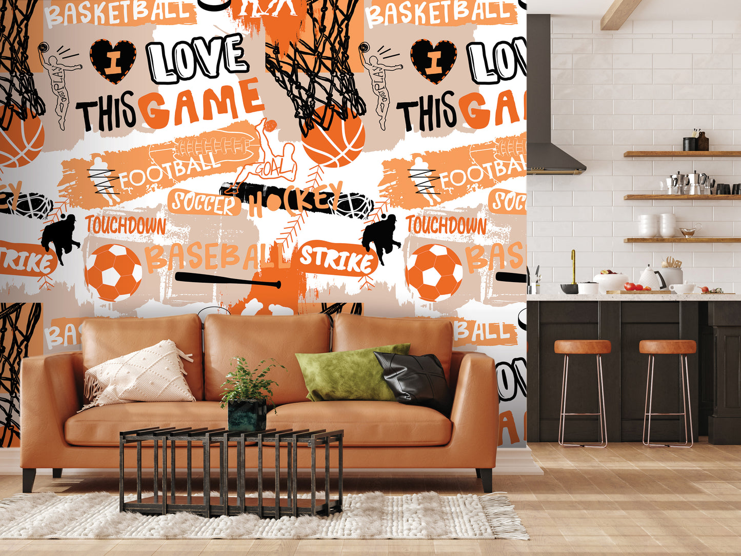 a living room filled with furniture and a wall mural
