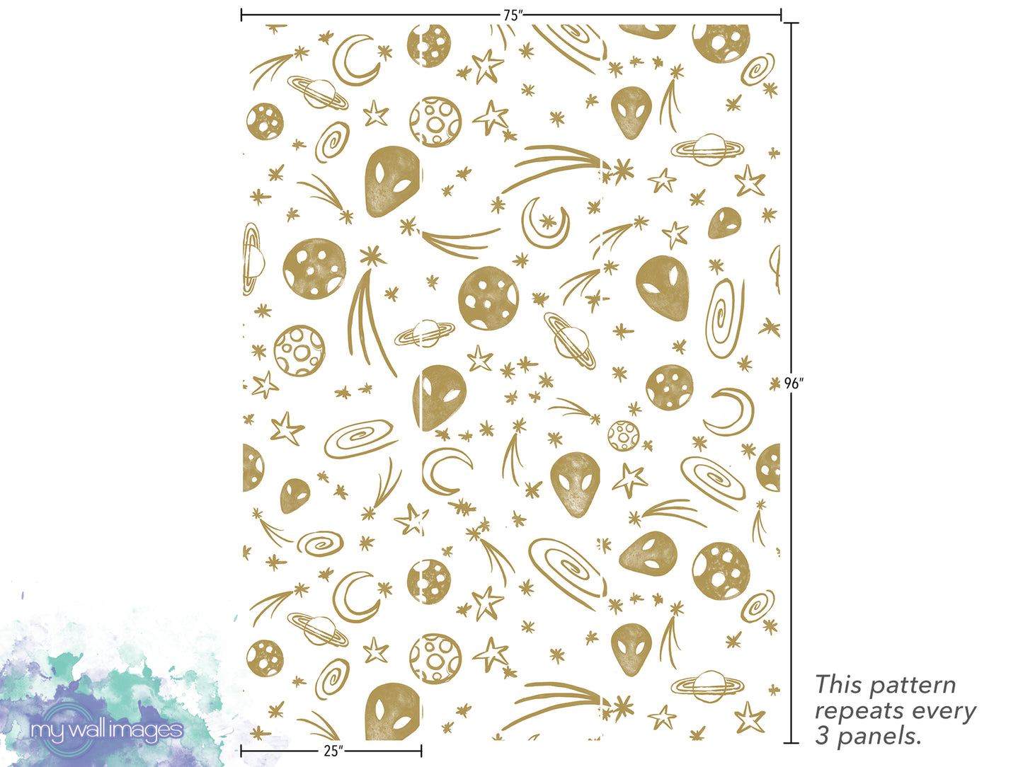 The image is a repeating pattern of various celestial objects, including planets, stars, and comets, arranged in a visually appealing and intricate design. The pattern repeats every 3 panels, creating a sense of rhythm and continuity throughout the image.