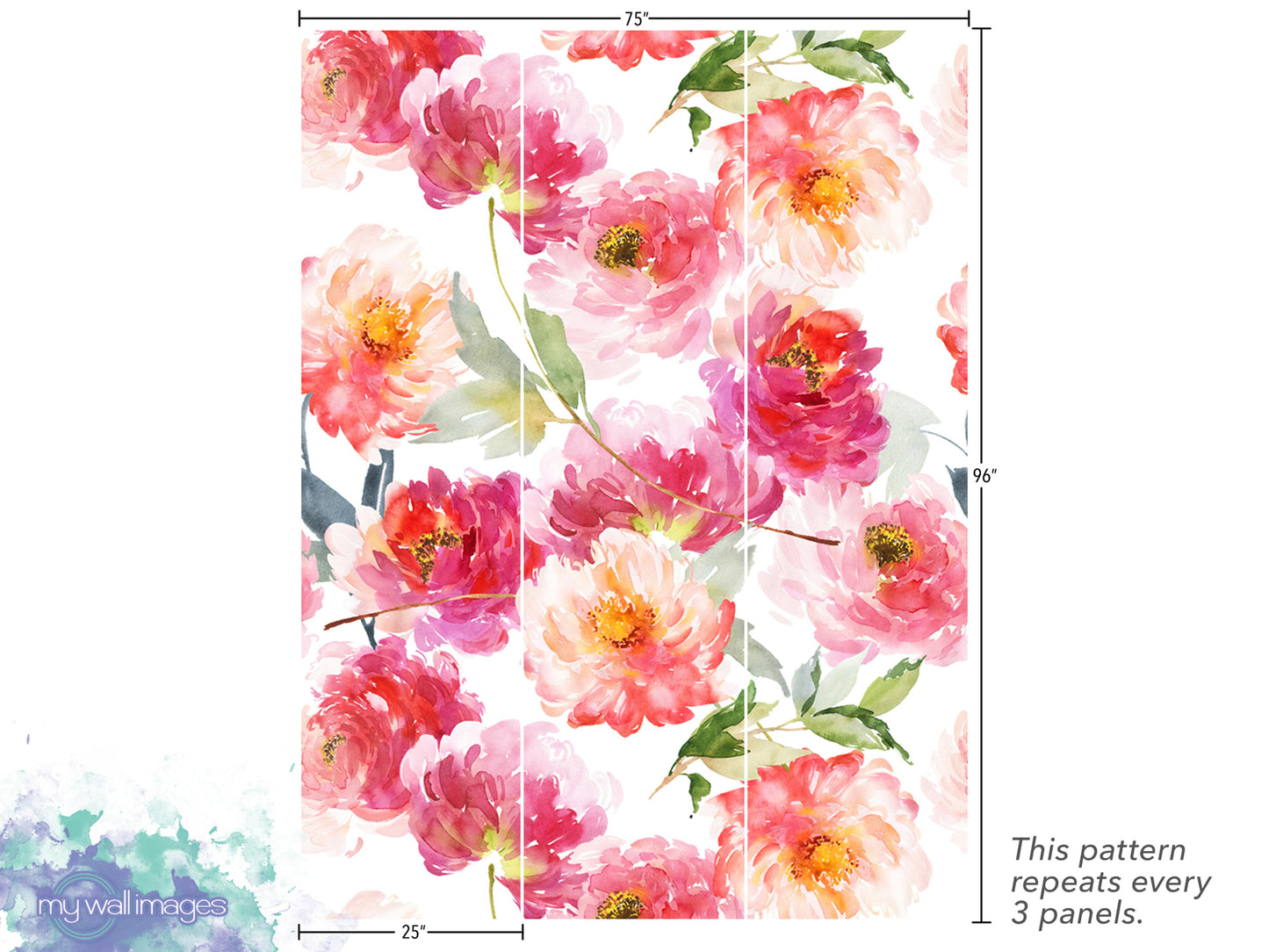 The image is a vibrant and colorful floral pattern featuring a repeating design of pink and red flowers with green leaves. The pattern repeats every 3 panels, as indicated by the text.
