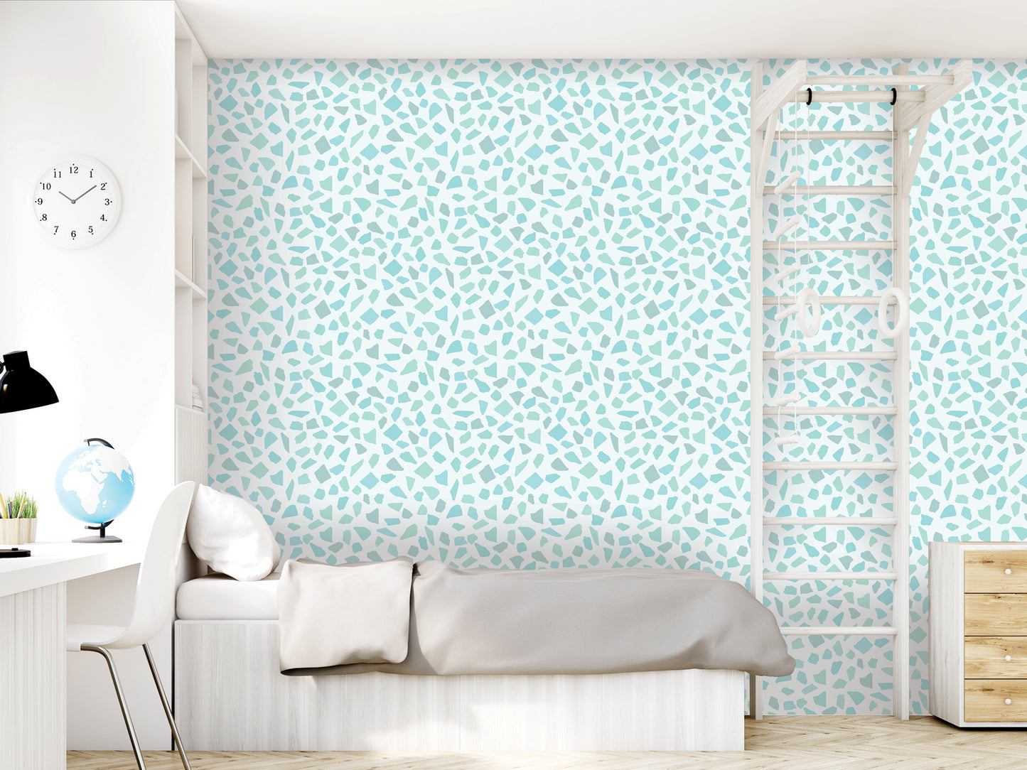 a modern bedroom with a white bed, a white dresser, and a white ladder. The walls are covered in a patterned wallpaper, and there is a clock on the wall.