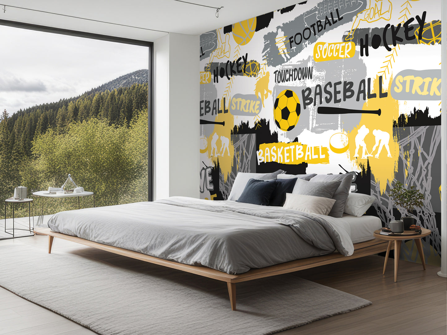 a bedroom with a large wall mural depicting various sports, including hockey, soccer, and basketball. The mural is colorful and vibrant, creating a lively and energetic atmosphere in the room.