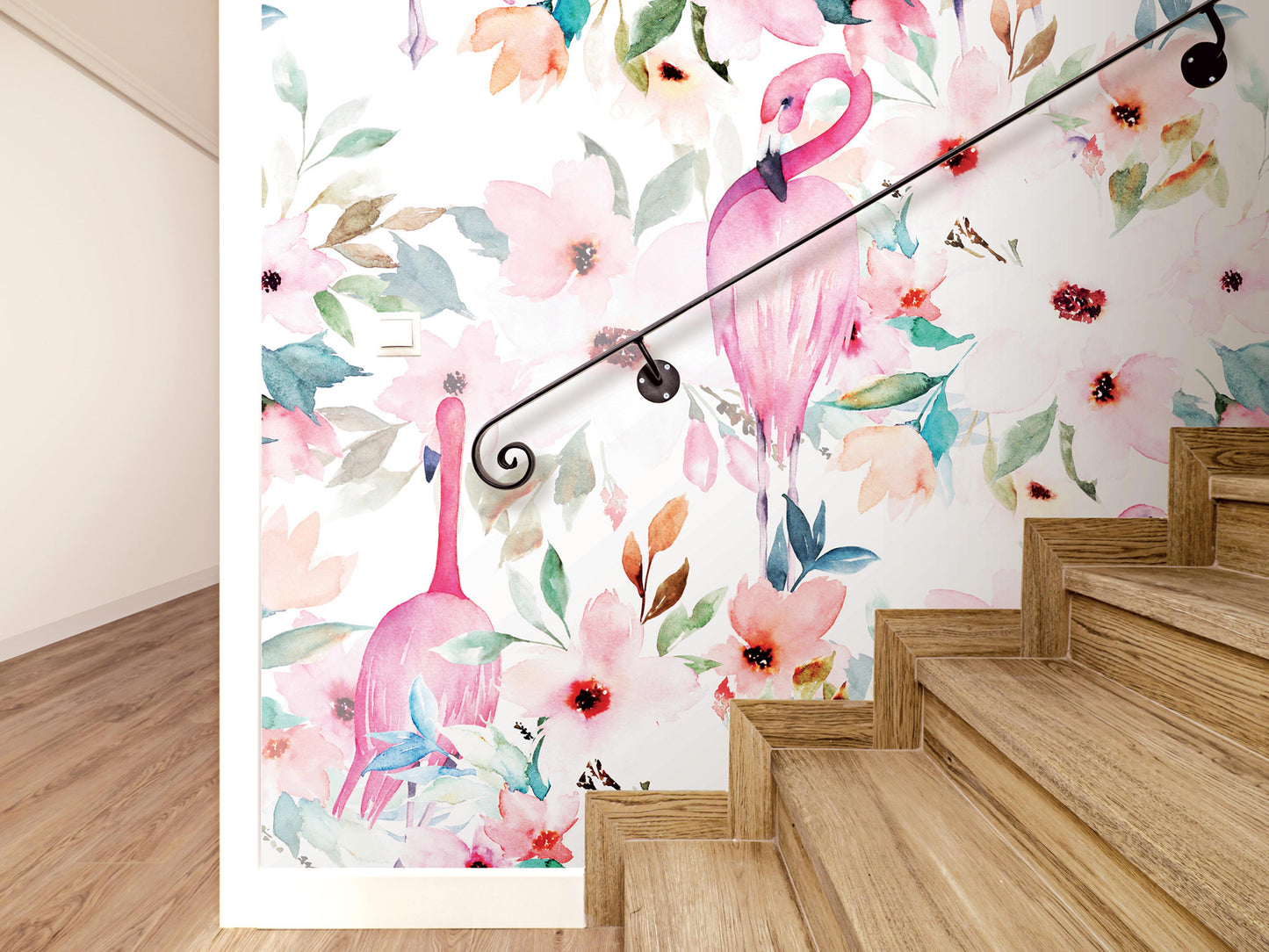 a wall with a vibrant floral mural, including pink flamingos and various flowers. The wall is painted in a bright and cheerful color scheme, creating a lively atmosphere. The wooden steps leading up to the wall add a rustic touch to the overall design.