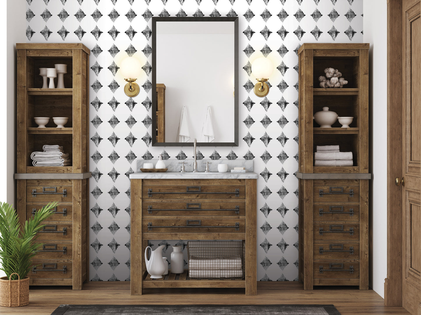 a modern bathroom with a wooden vanity, a mirror, and shelves for storage. The walls are covered in a black and white diamond pattern, and the room has a clean and minimalist design.