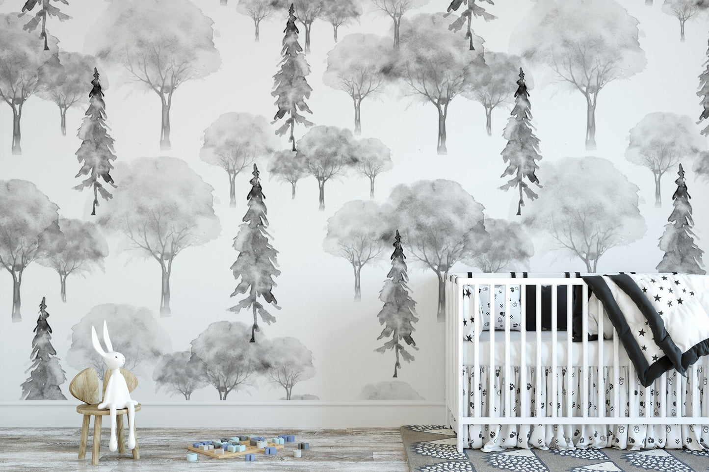 Watercolor Forest Wall Mural | Black White Trees Peel and Stick Wallpaper (MW1795)