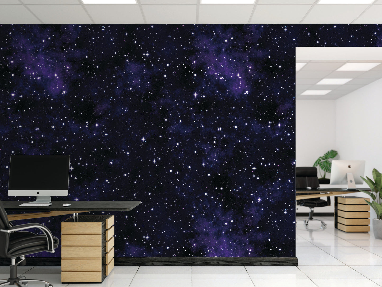 a modern office space with a large wall mural depicting a starry night sky. The office has a desk with a computer setup, including a monitor, keyboard, and mouse. There are also two chairs and a potted plant in the room.