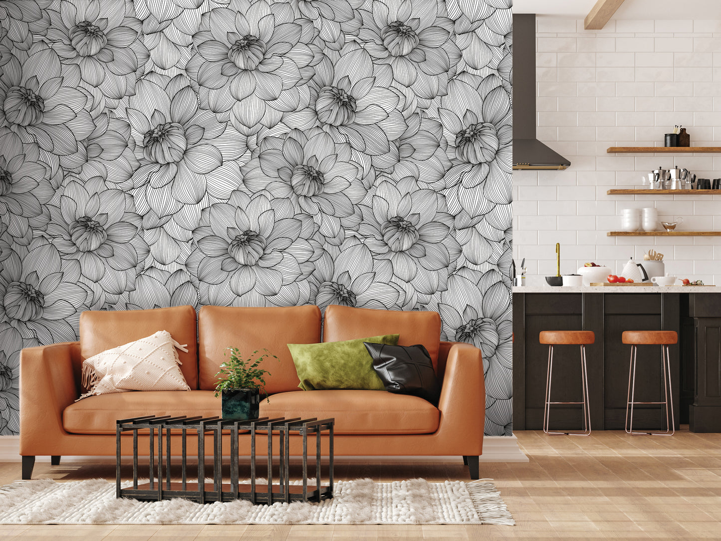 a modern living room with a large wall mural of black and white flowers, a brown leather sofa, a black coffee table, and a kitchen counter with stools.