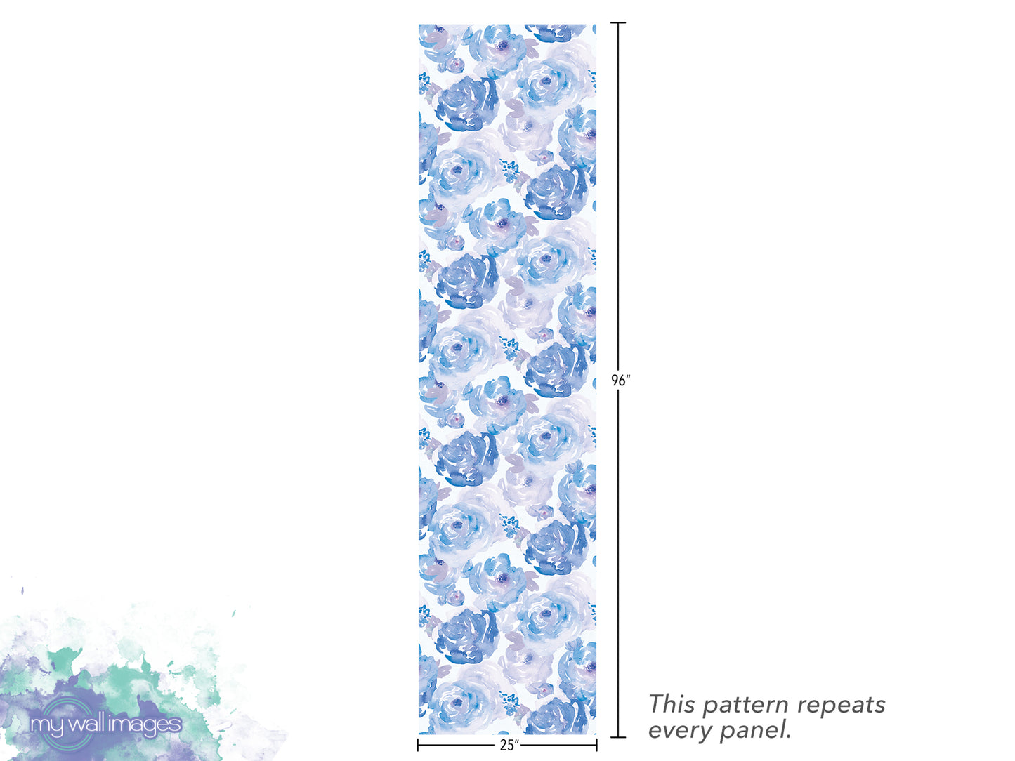 a vertical panel with a repeating pattern of blue and white flowers. The panel is described as having a repeating pattern that repeats every panel.