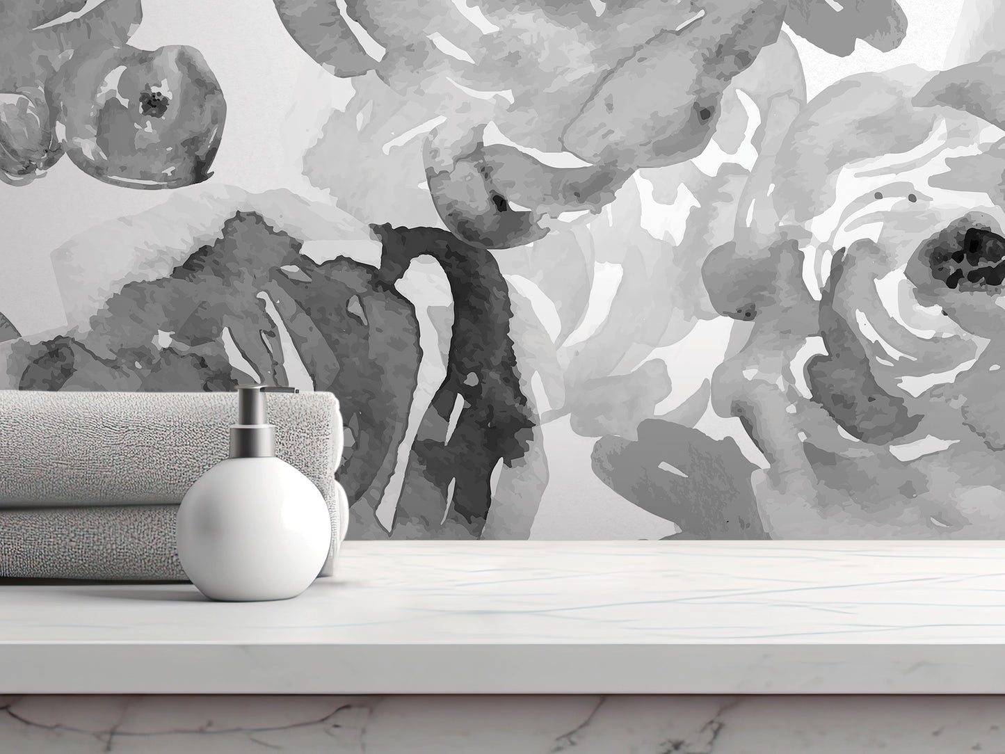 a white countertop with a white bottle and a gray towel, set against a large abstract floral mural.
