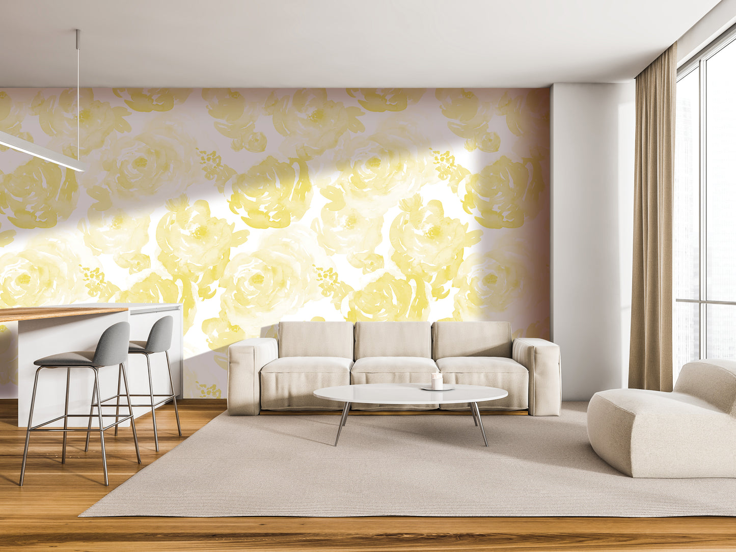 a modern living room with a large yellow floral wallpaper on the wall, a white sofa, a round coffee table, and a white armchair.