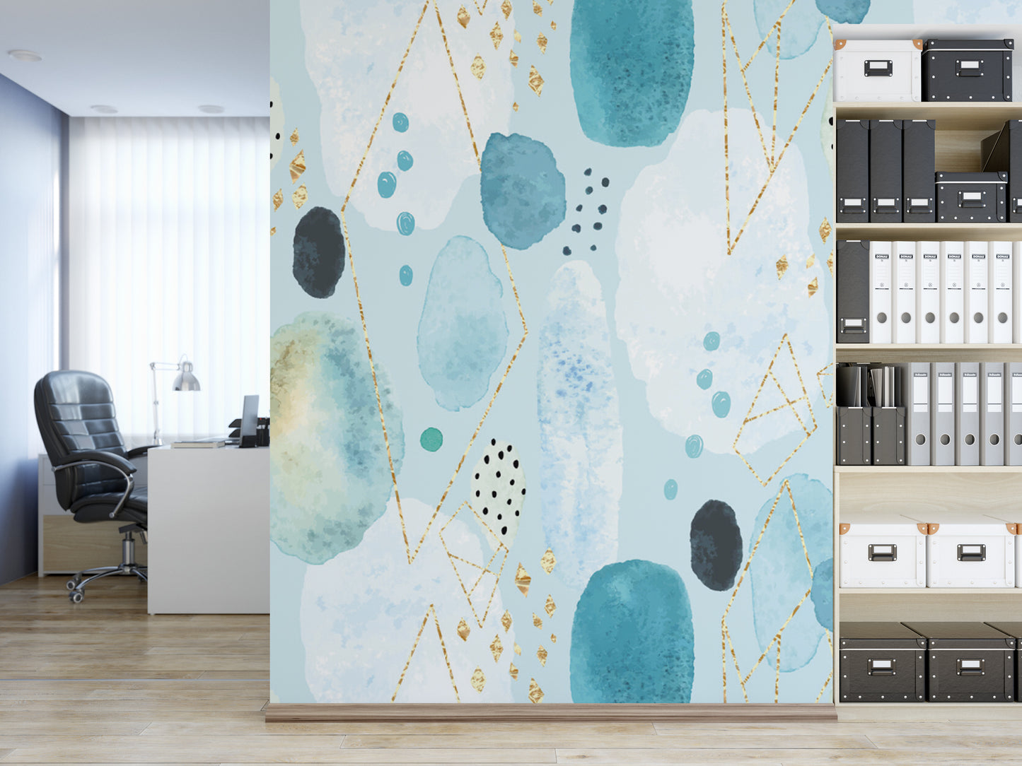 a modern office space with a large abstract wall mural in shades of blue and white, adorned with gold geometric shapes and dots. The office is equipped with a desk, chair, and shelves filled with various office supplies and files.