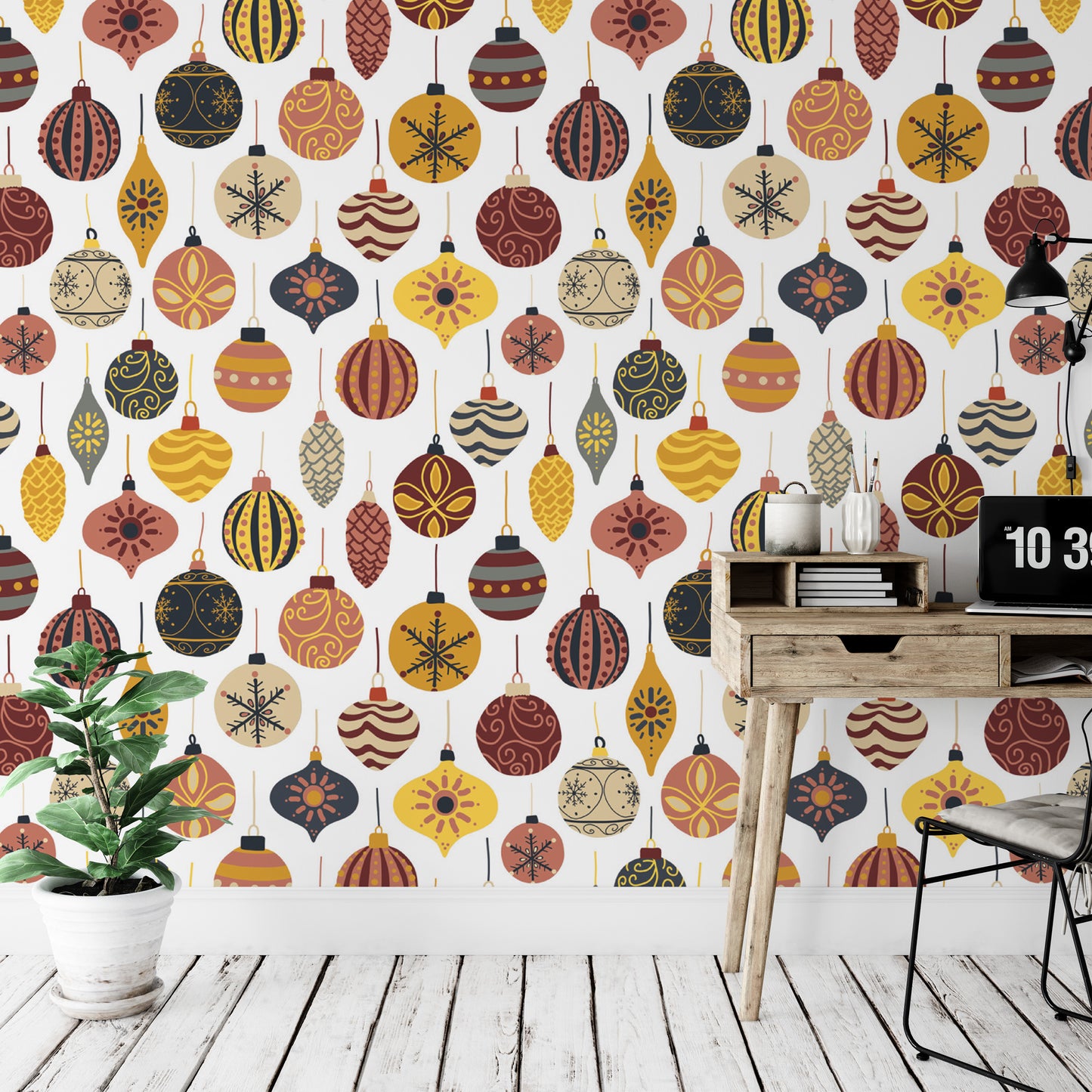 a wallpapered wall with a repeating pattern of colorful Christmas ornaments, including baubles, stars, and snowflakes, creating a festive and holiday-themed atmosphere.