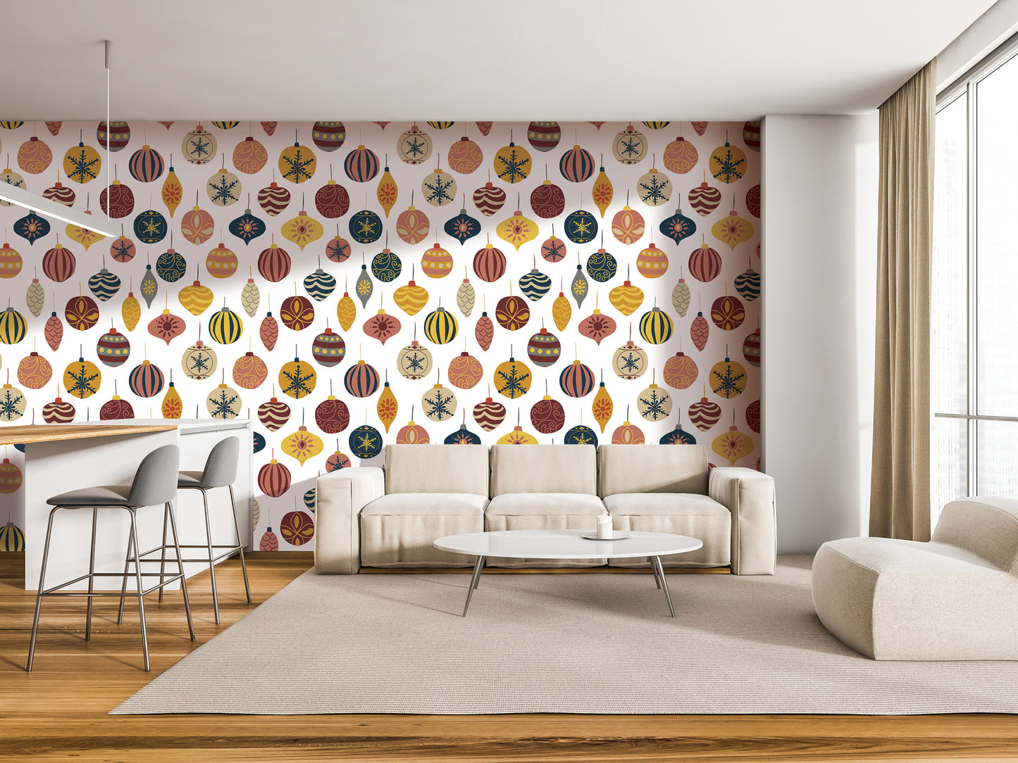 a modern living room with a white sofa, a coffee table, and a barstool. The walls are decorated with a pattern of colorful Christmas ornaments, creating a festive atmosphere.
