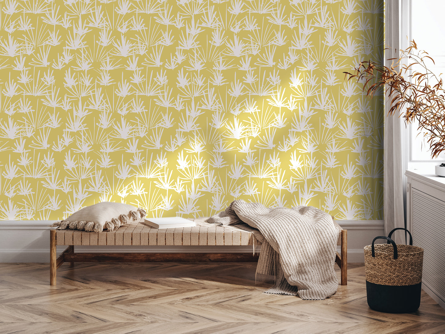 a cozy living room with a yellow and white patterned wallpaper, a wooden bench, a woven basket, and a potted plant.