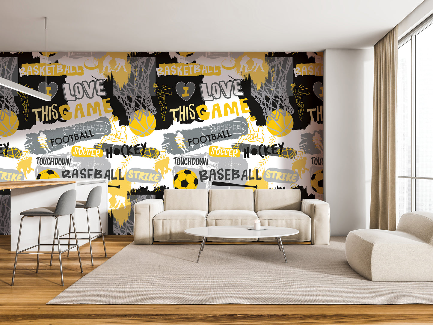 a modern living room with a large wall mural that covers the entire wall. The mural is filled with various sports-related words and phrases, such as "BASKETBALL", "FOOTBALL", "HOCKEY", "TOWDOWN", "BASEBALL", "STRIKE", and "TOMTOWDOW". The room also includes a white sofa, a coffee table, and a barstool, creating a comfortable and stylish living space.
