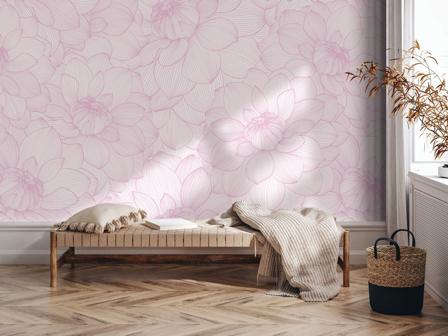 a cozy and inviting living space with a wooden bench, a woven basket, and a potted plant. The bench is positioned against a wall with a pink floral pattern, creating a warm and harmonious atmosphere.