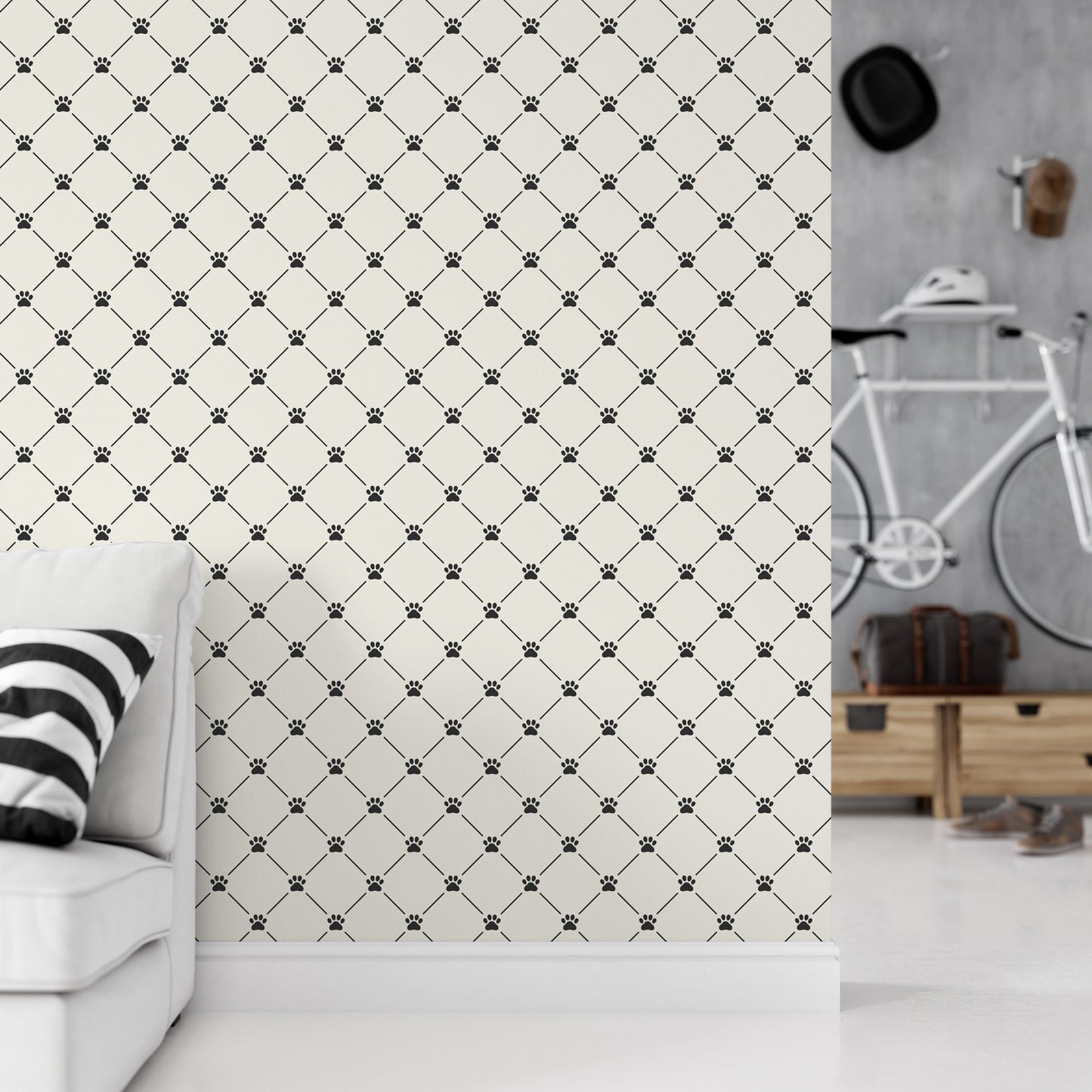 a wall with a repeating diamond pattern of black paw prints, creating a visually striking and unique design.