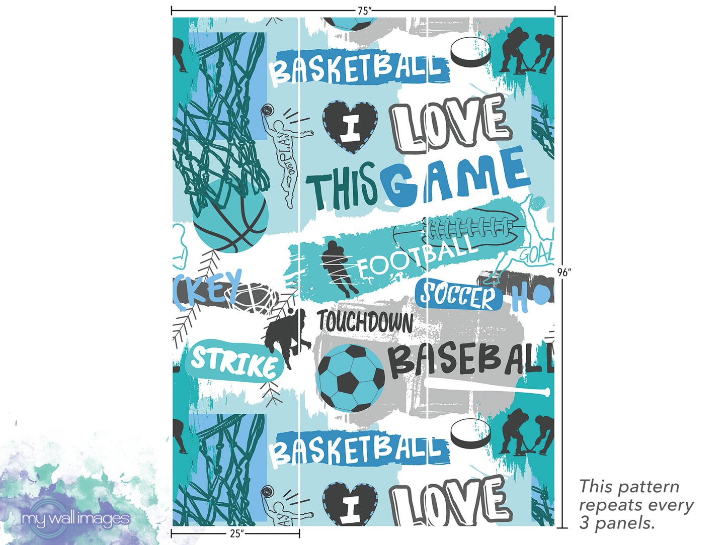 The image is a collage of various sports-related words and phrases, including "BASKETBALL", "I LOVE THIS GAME", "FOOTBALL", "SOCCER", "TOUCHDOWN", "STRIKE", "BASEBALL", and "LOVE". The pattern repeats every 3 panels.
