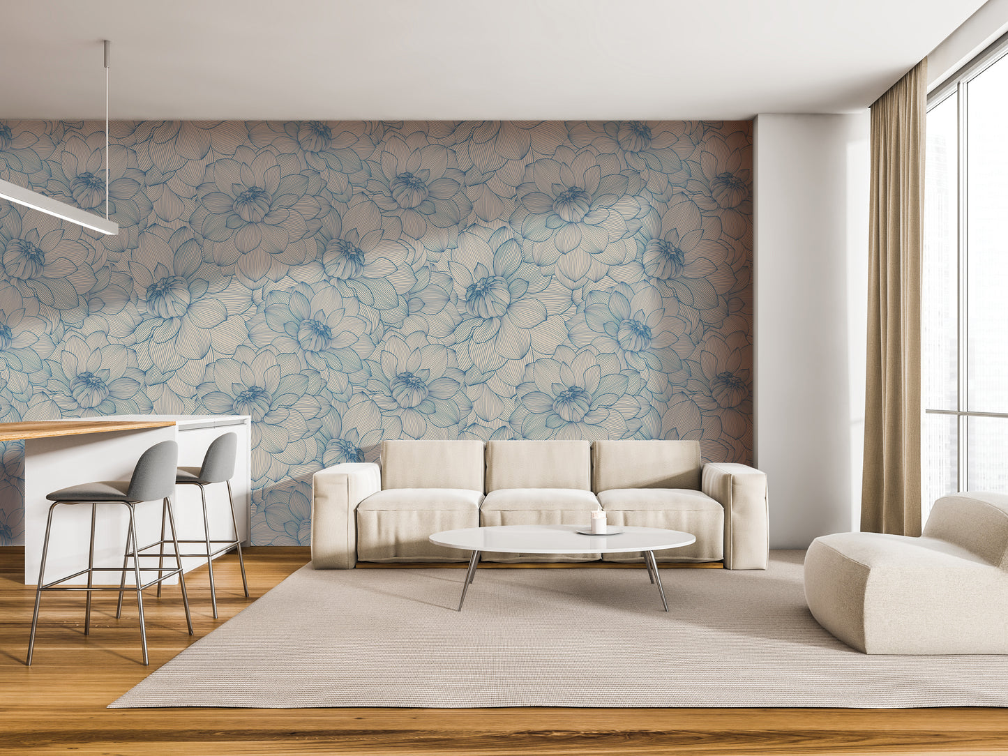 a modern living room with a large floral wallpaper on the wall, a white sofa, a round coffee table, and a bar with stools.