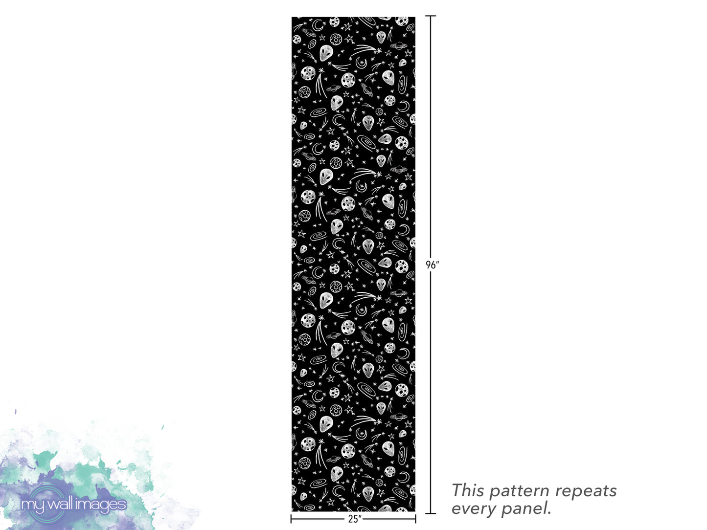 The image is a black and white pattern with a repeating design of various shapes and symbols, such as stars, circles, and lines, arranged in a vertical orientation. The pattern repeats every panel, and the image is described to be 25 inches tall.