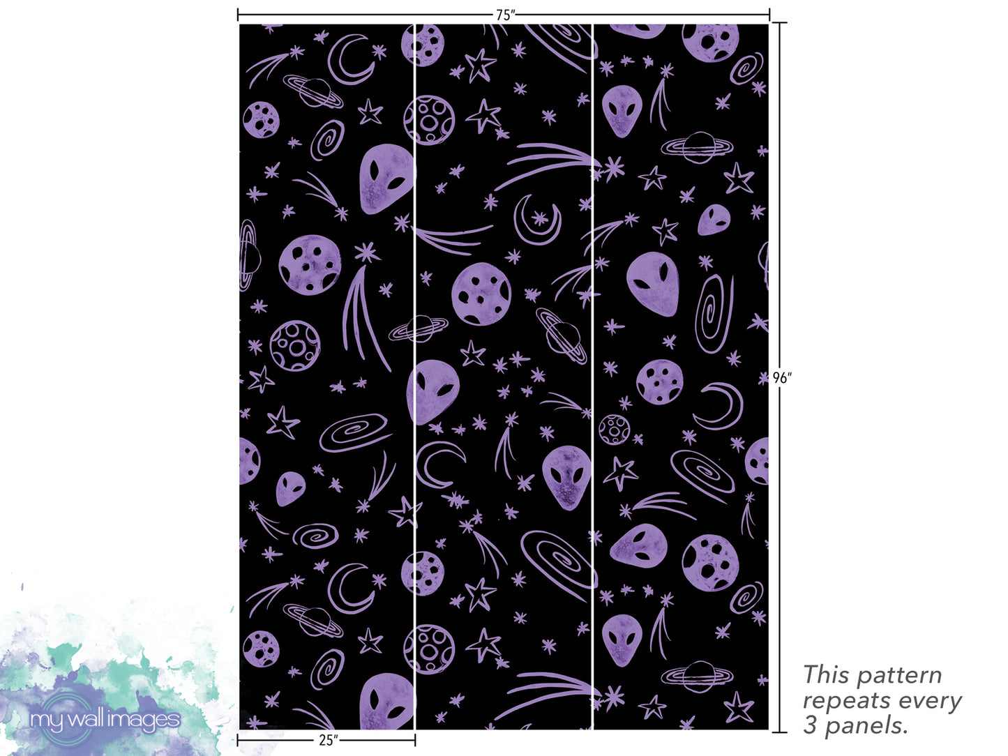 The image is a pattern of purple alien and celestial objects, including planets, stars, and other cosmic elements, arranged in a repeating design. The pattern repeats every 3 panels.