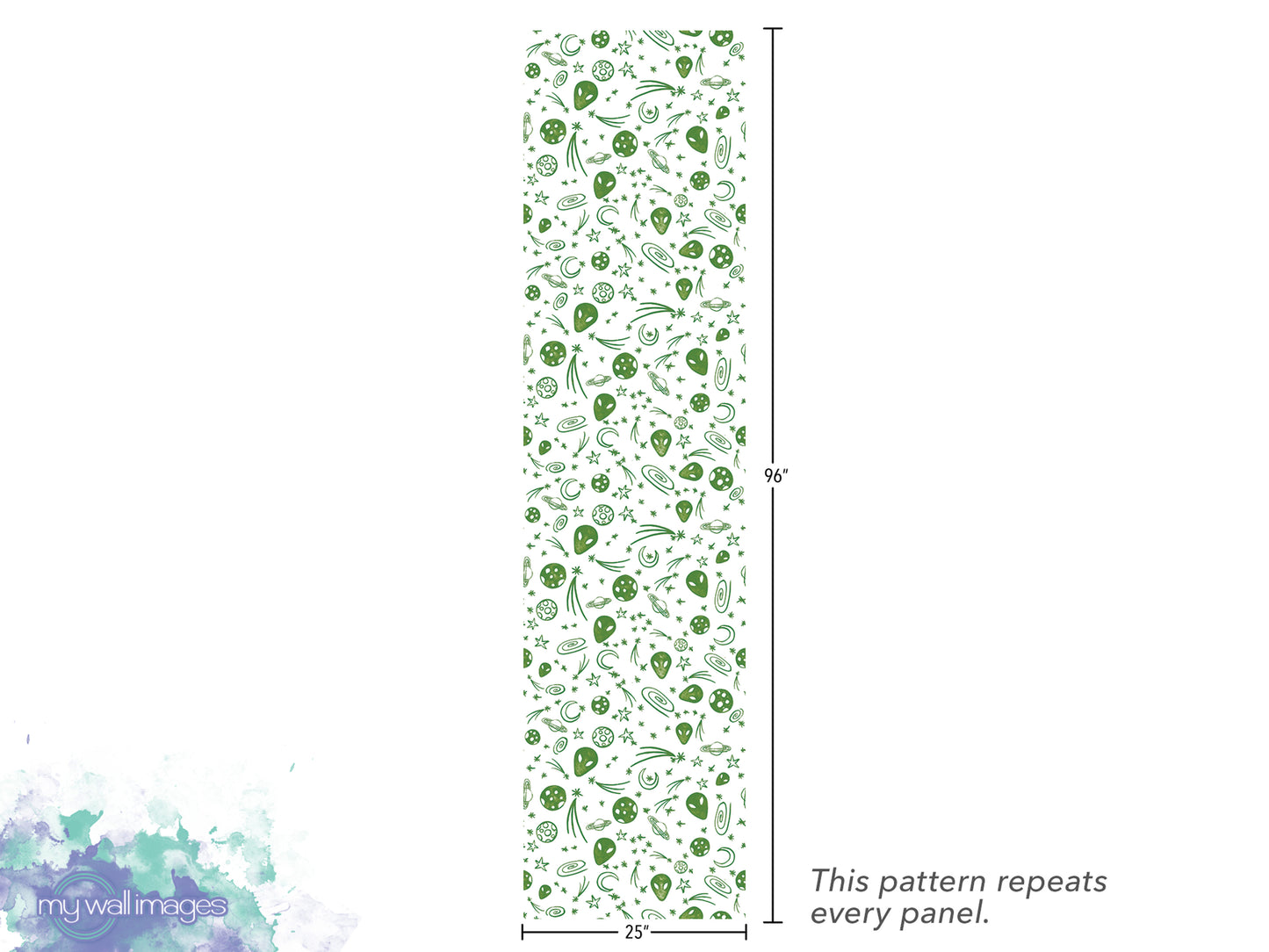 The image is a vertical panel with a repeating pattern of green and white shapes, such as leaves, flowers, and stars, arranged in a repeating design. The pattern repeats every panel, and the image is described as a "repeats every panel" and "25" by "25" measurements.