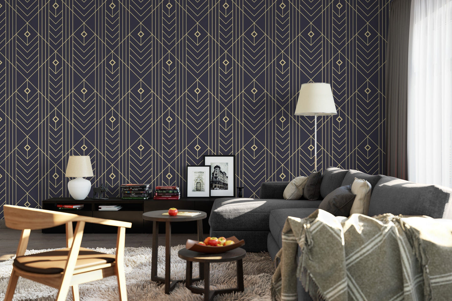 Art Deco Peel and Stick Wallpaper | Navy Gold Geometric Mural (MW1756)