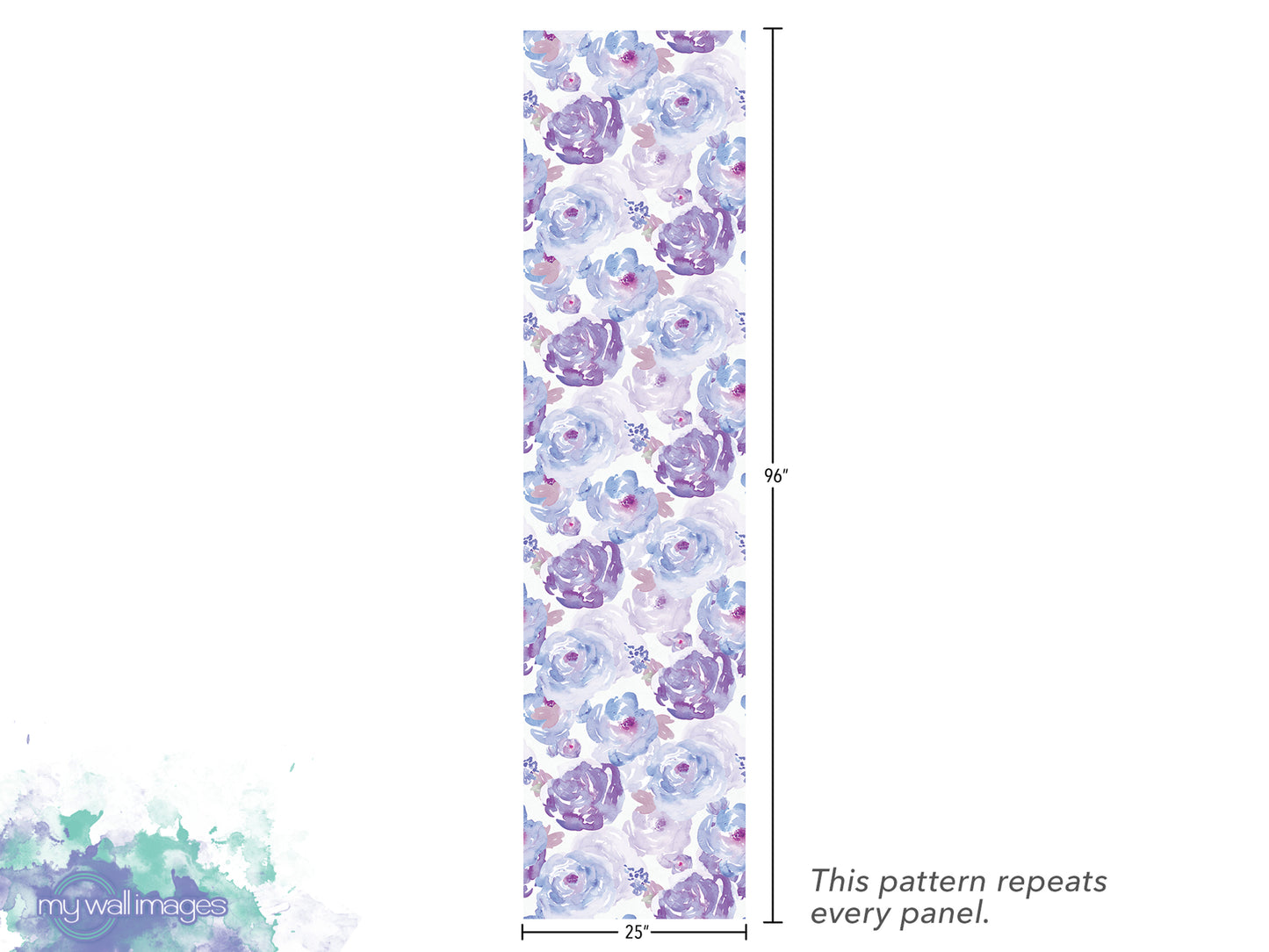 a vertical panel with a repeating pattern of purple and white flowers. The pattern repeats every panel, and the image is described as a "repeats every panel" and "25" inches tall.