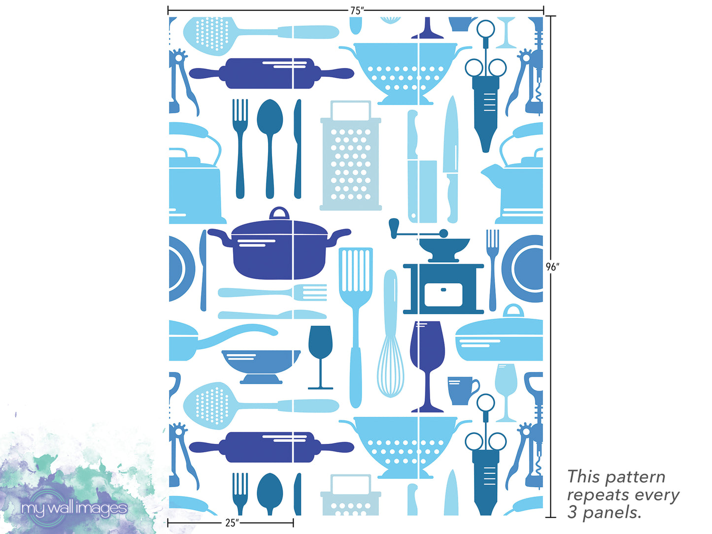a blue and white pattern of kitchen utensils