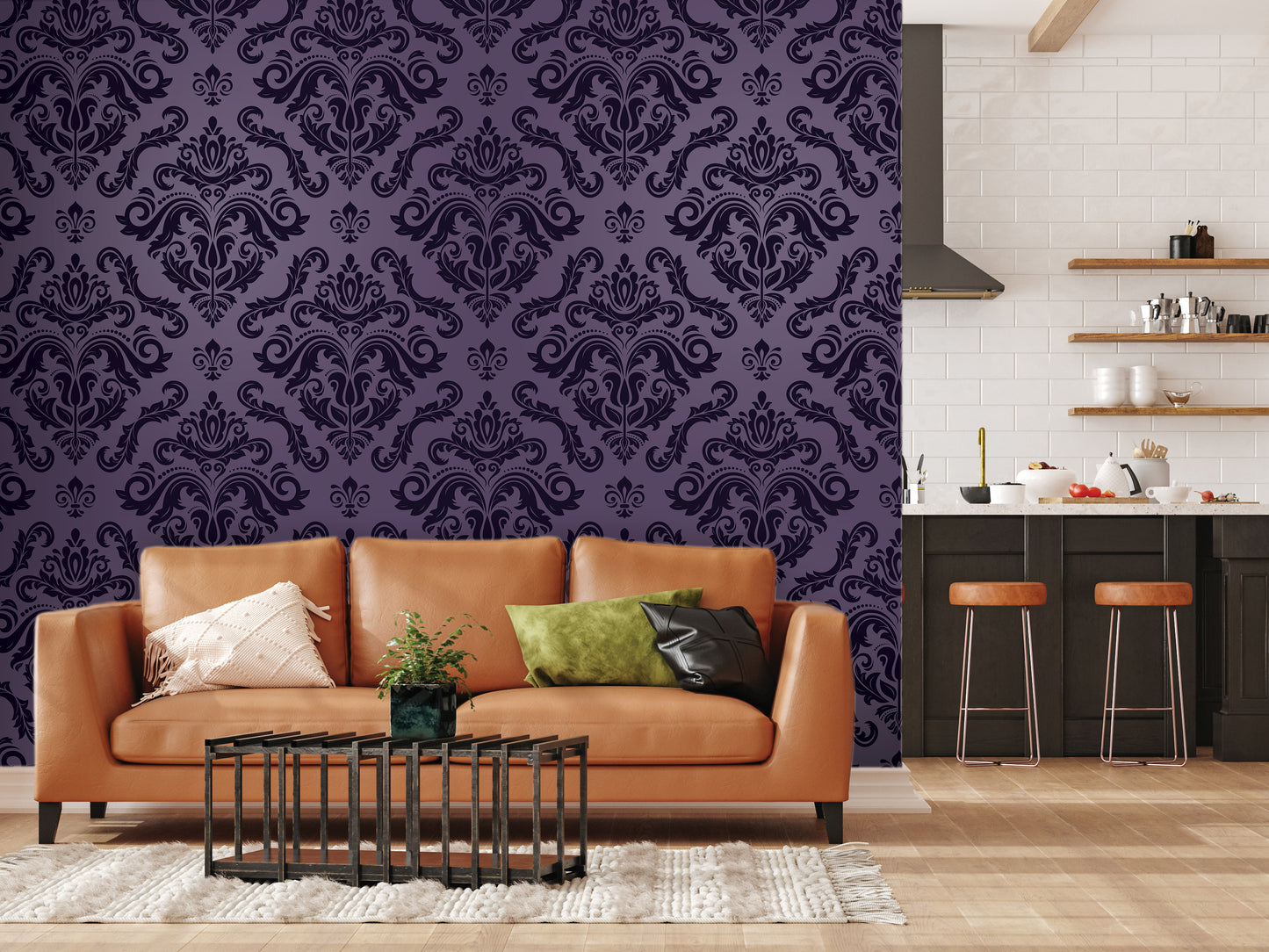 a living room with a brown leather sofa, a black coffee table, and a purple wall with a repeating pattern. The room also includes a kitchen area with a countertop and stools.