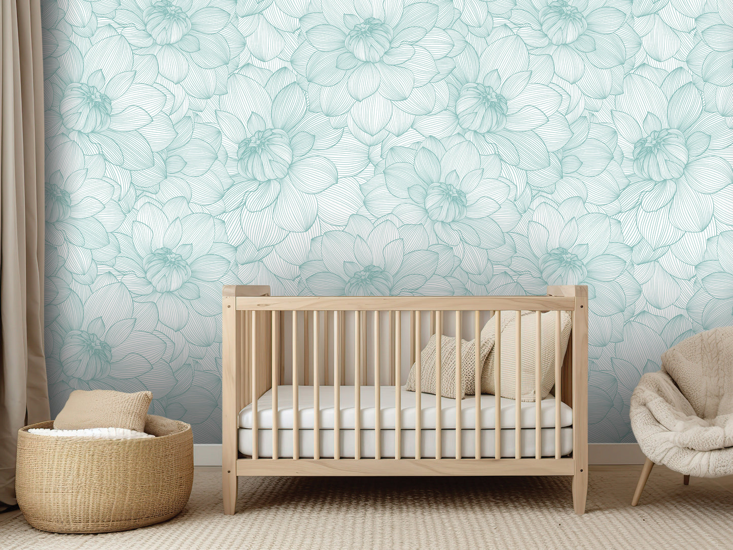 a nursery room with a wooden crib, a woven basket, and a plush chair. The walls are covered in a light blue floral wallpaper, creating a serene and calming atmosphere.