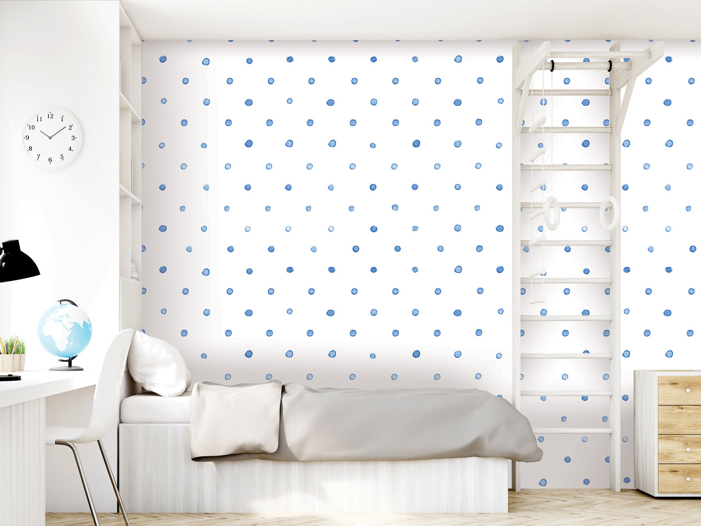 A modern bedroom with a white bed, a dresser, and a ladder against the wall. The walls are covered in blue polka dots, and there is a clock on the wall.