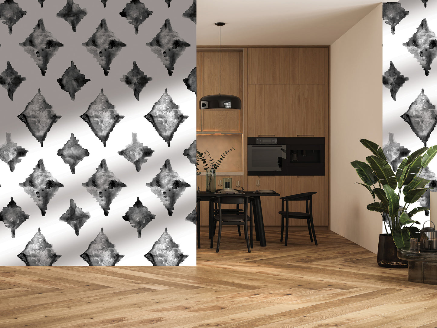a modern kitchen with a black and white diamond pattern on the wall, a dining table with chairs, and a potted plant on the floor.