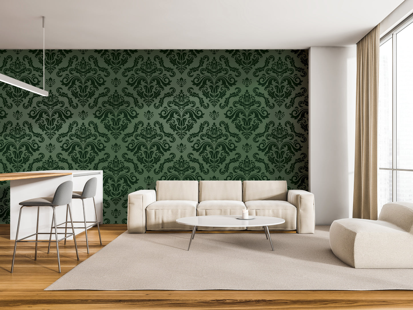 a modern living room with a large green wall featuring a repeating pattern of a floral design. The room is furnished with a white sofa, a round coffee table, and a barstool. The overall design and color scheme create a cohesive and stylish atmosphere.