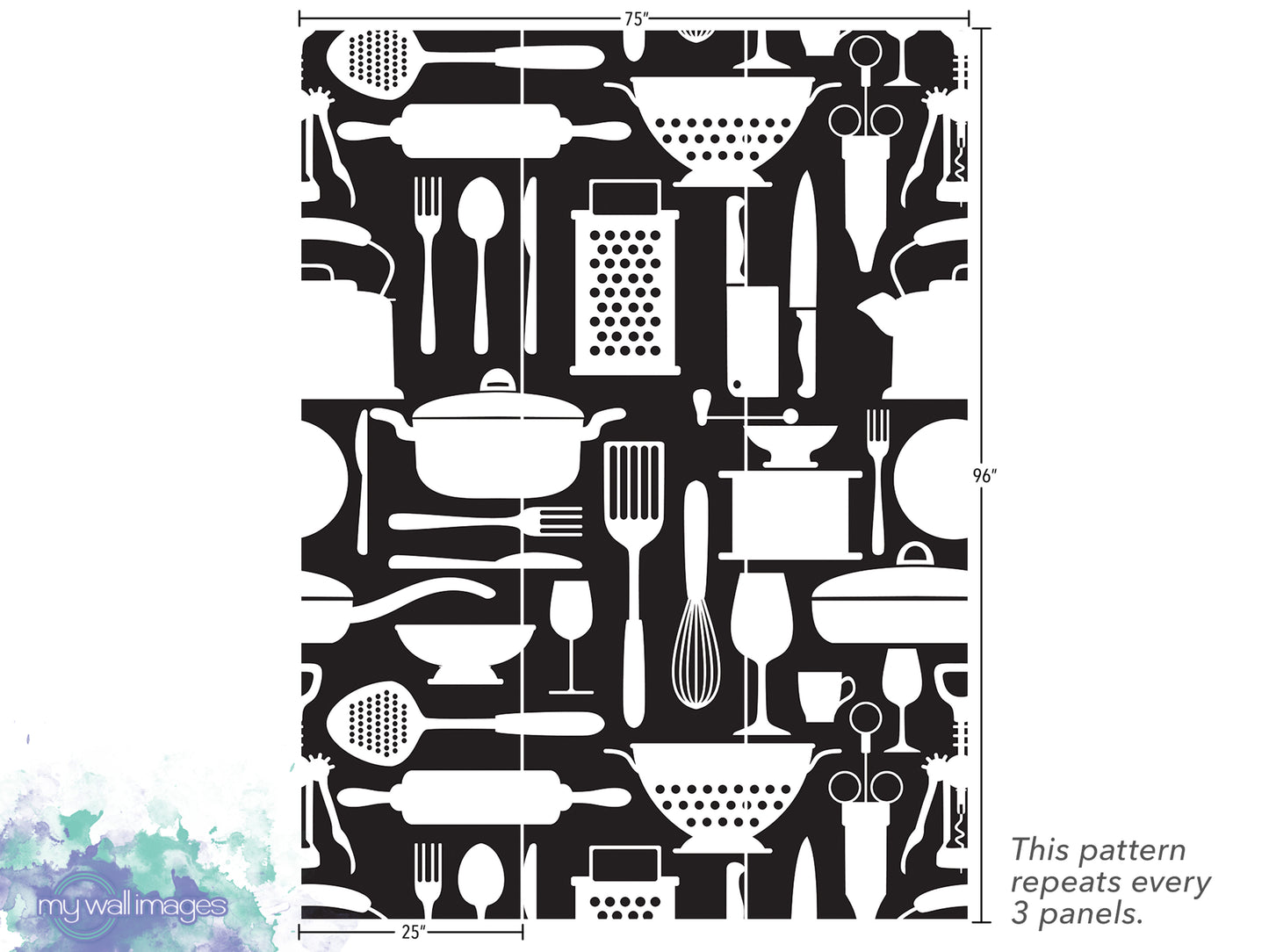 The image is a repeating pattern of various kitchen utensils and appliances, including spoons, knives, graters, and other tools, arranged in a grid-like layout. The pattern repeats every 3 panels, and the image is described as a collage of multiple images.