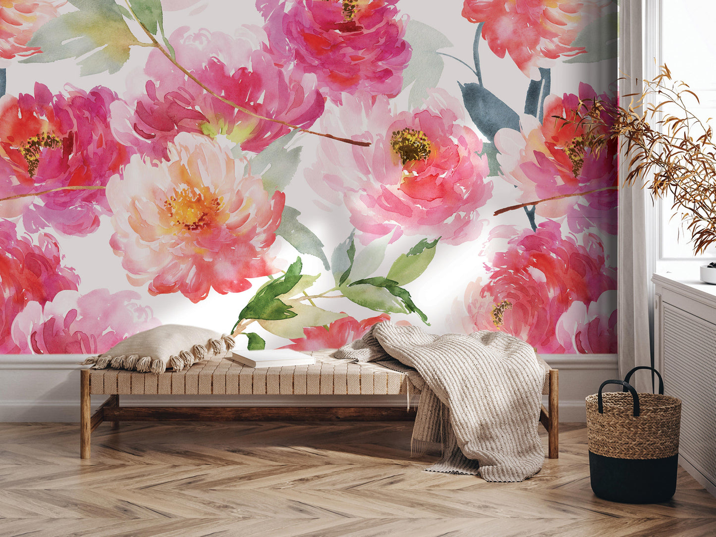 a large floral mural on the wall behind a wooden bench, which is situated in a room with a hardwood floor. The bench is adorned with a white pillow and a beige blanket, creating a cozy and inviting atmosphere.